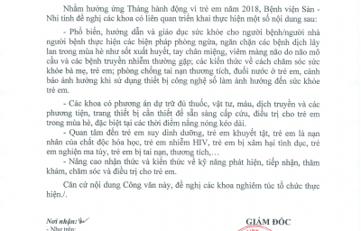 Công văn số 277/BVSN-KHTH v/v triển khai các nội dung hưởng ứng Tháng hành động vì trẻ em năm 2018.